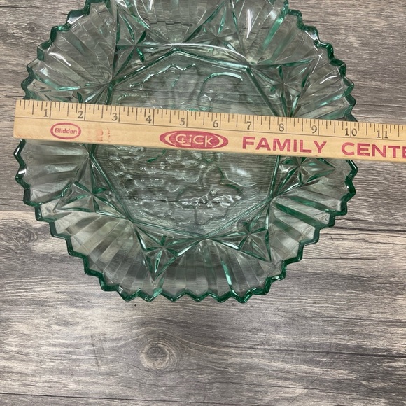 Federal Glass Pioneer fruit bowl, star & fan panels, 11”, scalloped aqua rim USA - Picture 6 of 7